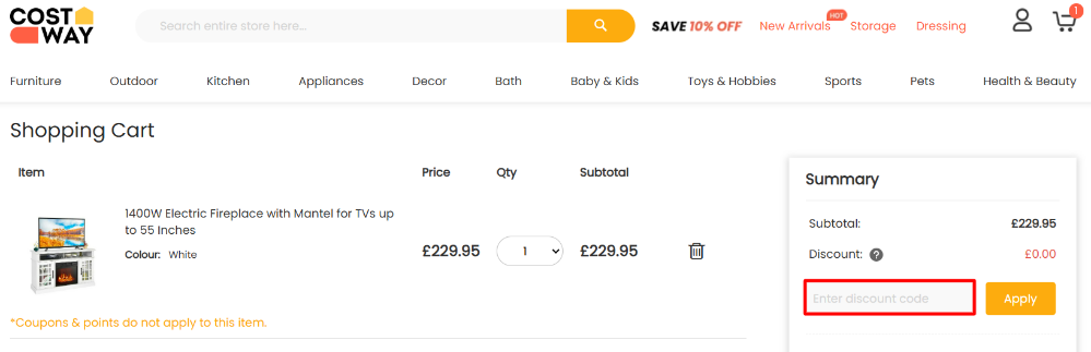 Applying a Costway promo code at checkout to save on your order.