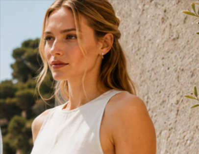 donna che indossa vestito bianco da poter acquistare con un codice sconto ScaglioneIschia