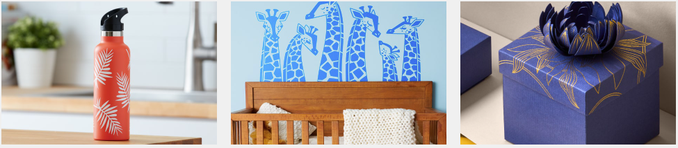 Craft designs on gift boxes, water bottles and walls using a Cricut machine