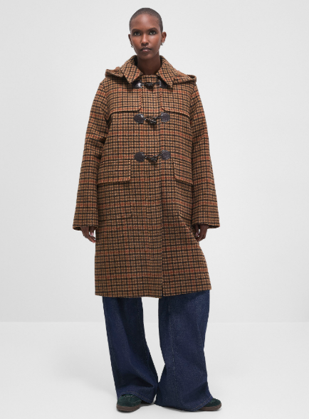 Best coats for fall: A model wearing the Melody wool check duffle coat