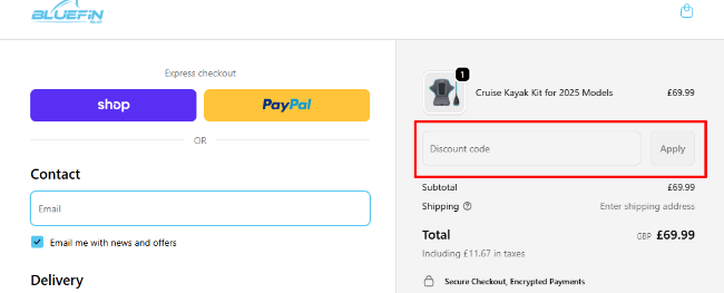 Bluefin SUP checkout page with cart items a code box