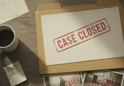A case closed file and a coffee mug