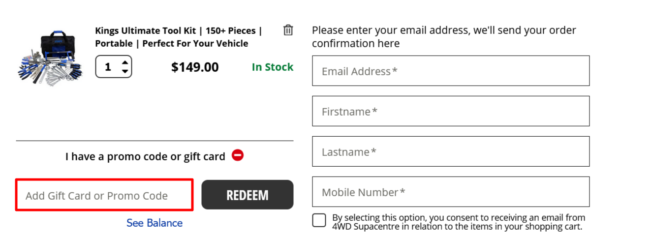 4WD Supa Centre checkout page where to enter your code