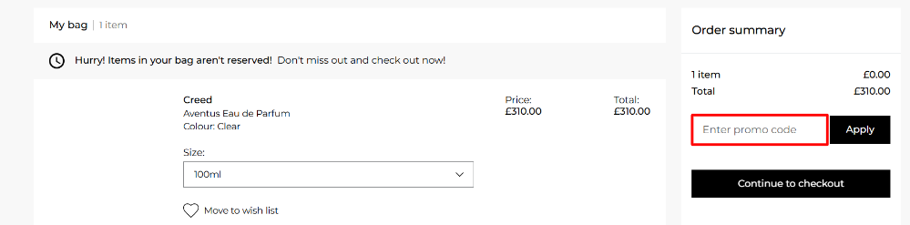 The checkout page showing the FLANNELS promo code box