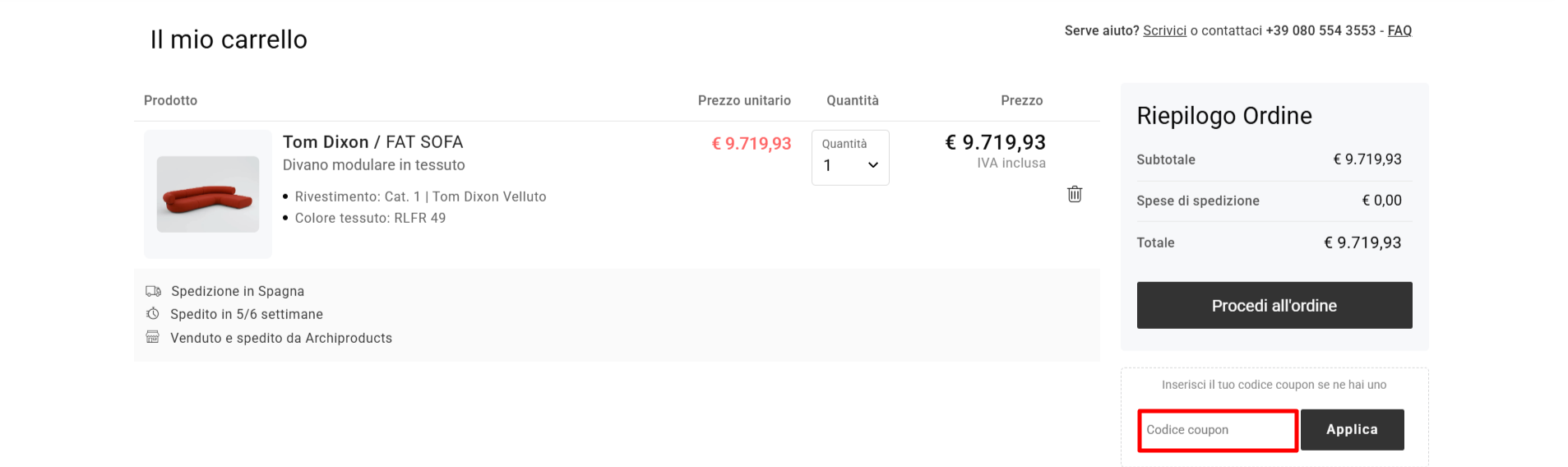 carrello della piattaforma ufficiale Archiproducts dove inserire il codice sconto Archiproducts nell'apposito spazio
