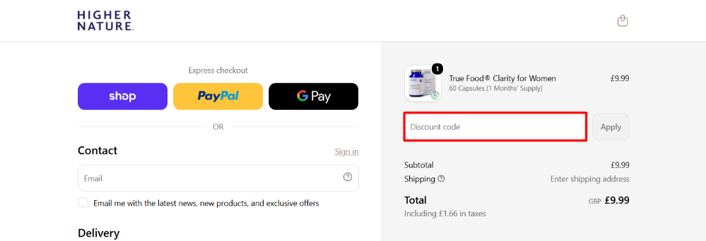 Applying a Higher Nature promo code in the shopping cart to save money