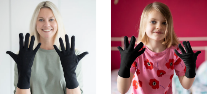 People with eczema wearing the cotton gloves for protection