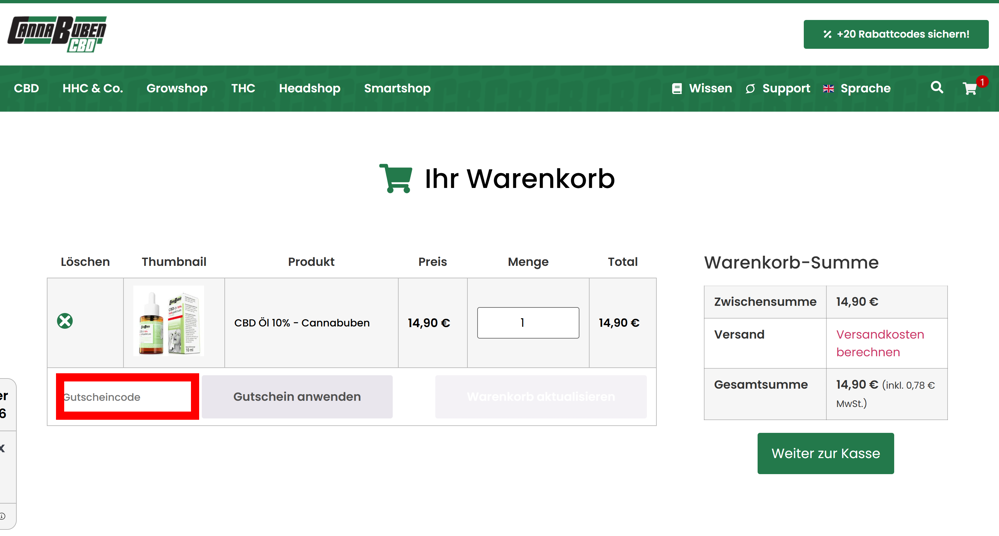 Warenkorb von Cannabuben mit rotmarkiertem Eingabefeld für Rabattcode