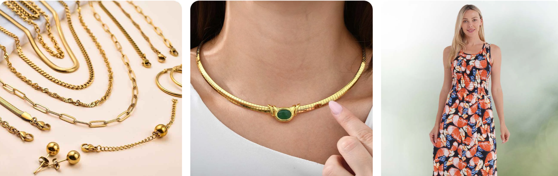 Zwei Abbildungen mit Goldschmuck und ein Bild mit einer Frau in einem bunten Kleid