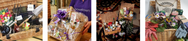 Different gift hampers are displayed on white background