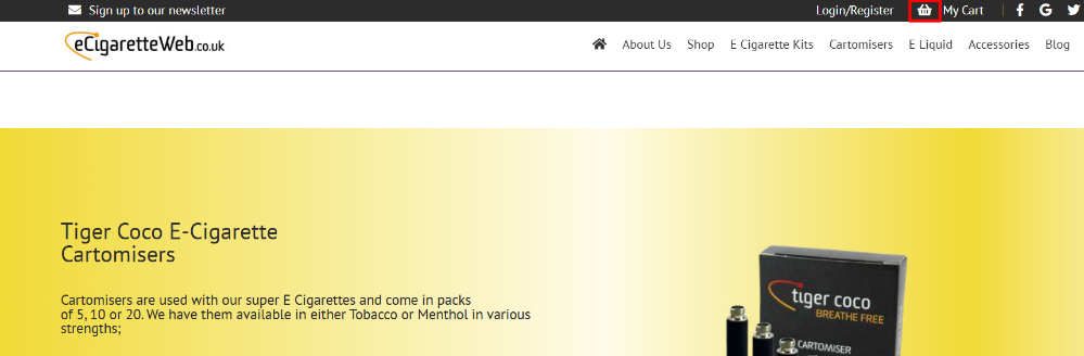 The Ecigarette Web website and the shopping categories, with the shopping basket highlighted with a red box