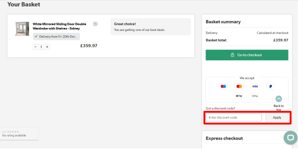 customers can insert their Furniture123 discount code in the highlighted red box
