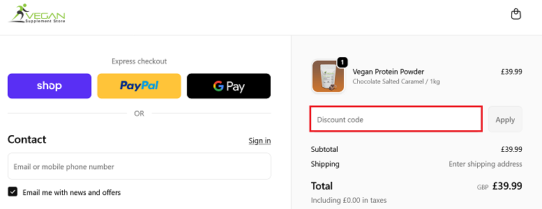 image showing the discount code box on the Vegan Supplement Store checkout page, bordered in red