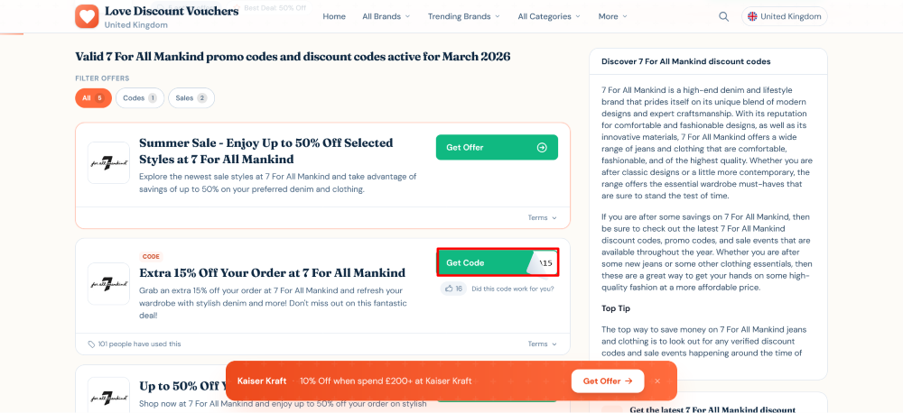 7 For All Mankind Love Discount Vouchers page where a code is copied