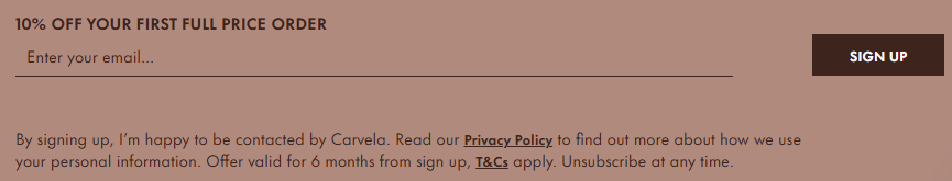 The Carvela newsletter sign-up page from their website.