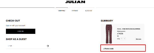 a promo code box highlighted for customers to redeem their codes
