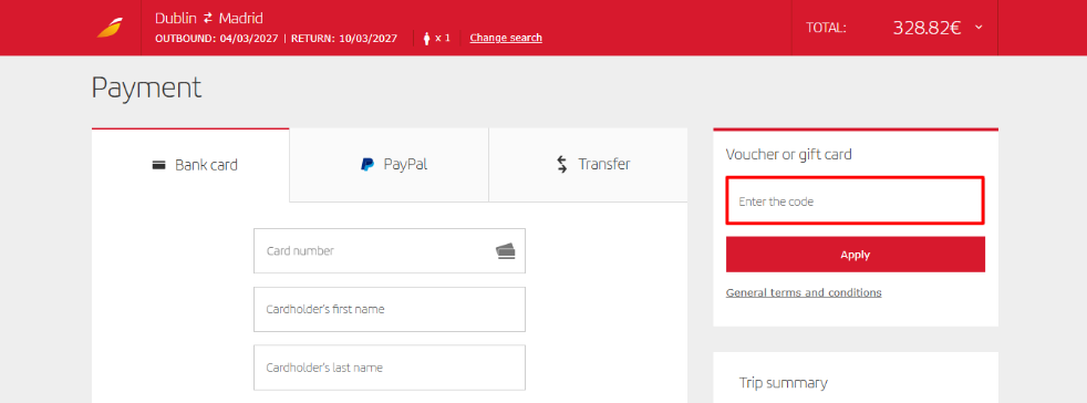 IBERIA discount code highlighted by a red box on their payment page