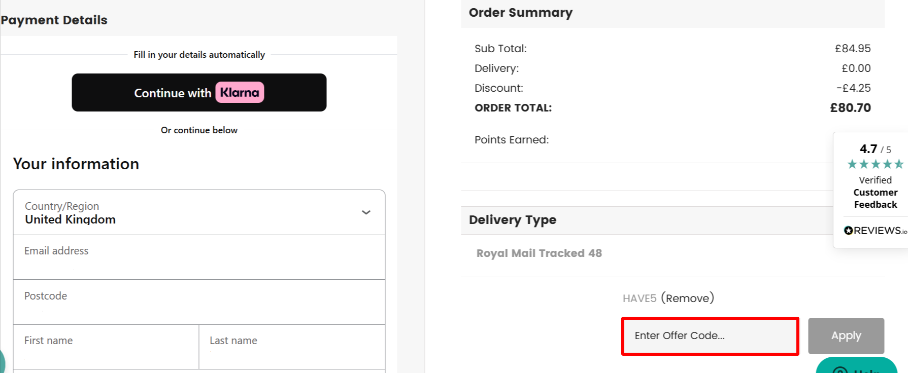 The checkout page showing where to apply your discount code