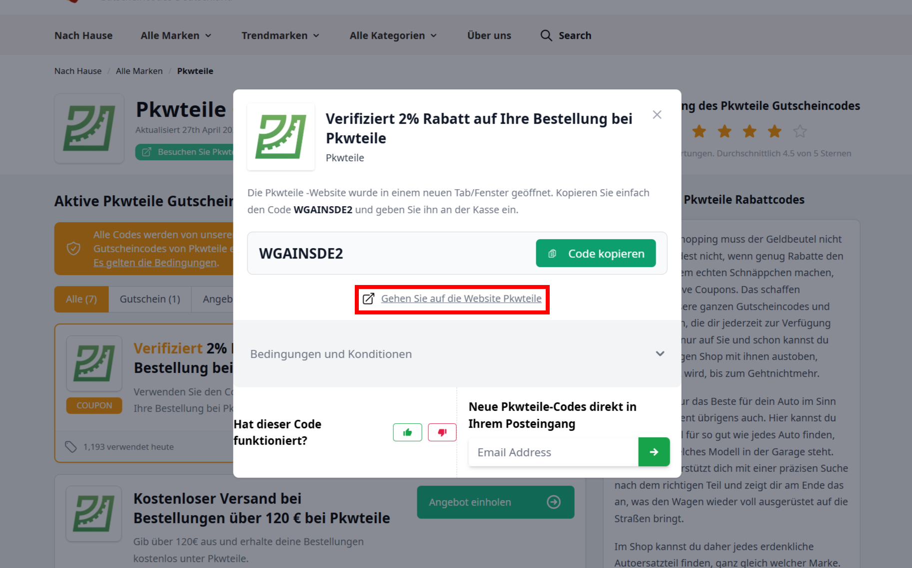 Ein offener Gutschein von Pkwteile mit einem rotmarkierten Link unter dem Code