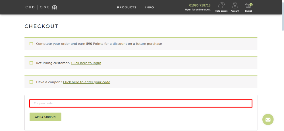 The checkout page where you can enter your CBD ONE voucher code