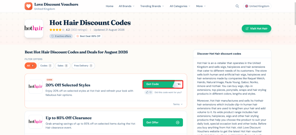 The Love Discount Vouchers page shows discount codes to use on your purchase