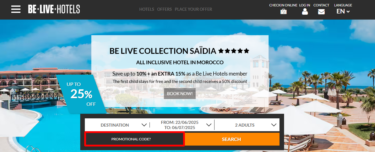 The Be Live Hotels homepage with where to paste the Be Live Hotels voucher code highlighted in a red box.