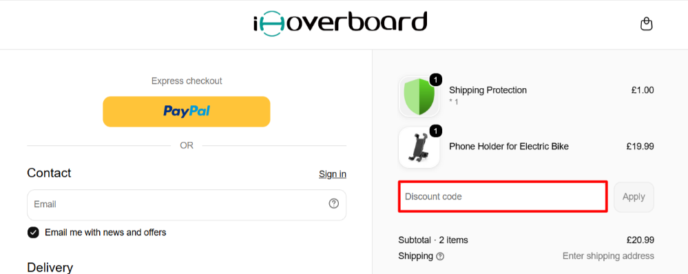 Applying a promotional code on the iHoverboard checkout page
