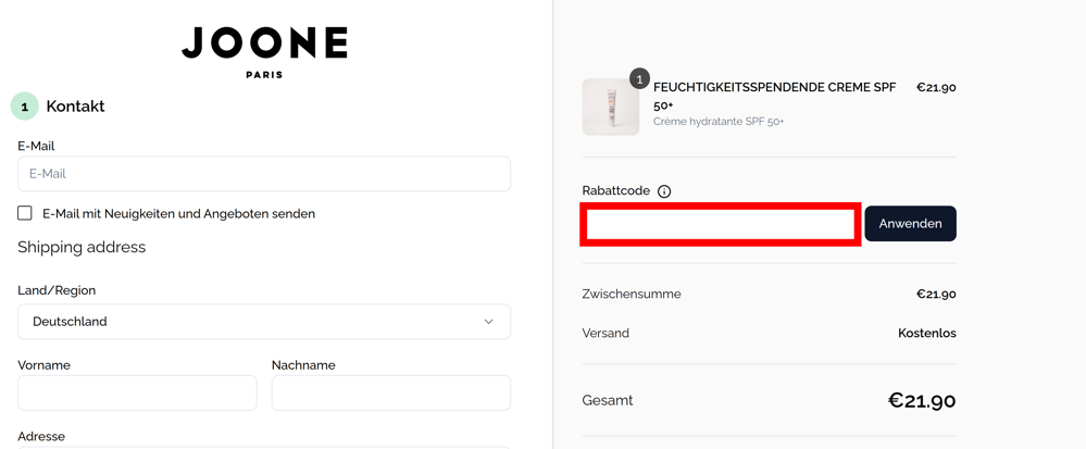 Check-out von Joone mit einem rotmarkierten Eingabefeld für einen Gutschein