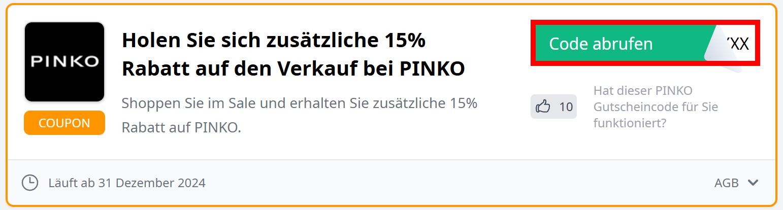 Angaben zu einem PINKO Rabatt mit einem rotmarkierten Button zum Aufrufen eines Gutscheincodes