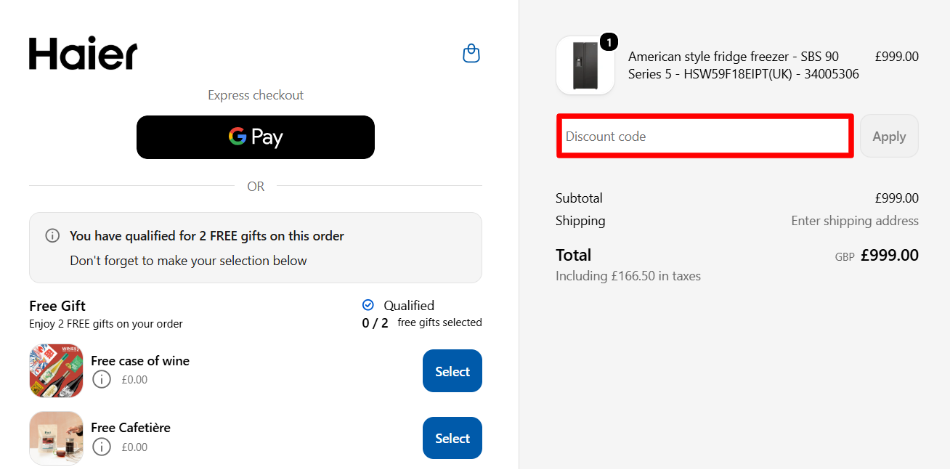 The checkout page with the Haier voucher code box highlighted with a red box