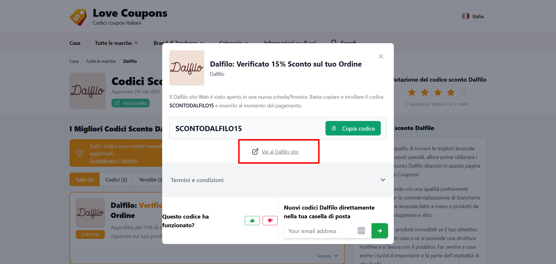 codice sconto Dalfilo visibile e da poter copiare per poi inserirlo nel passo finale per abbassare il prezzo totale
