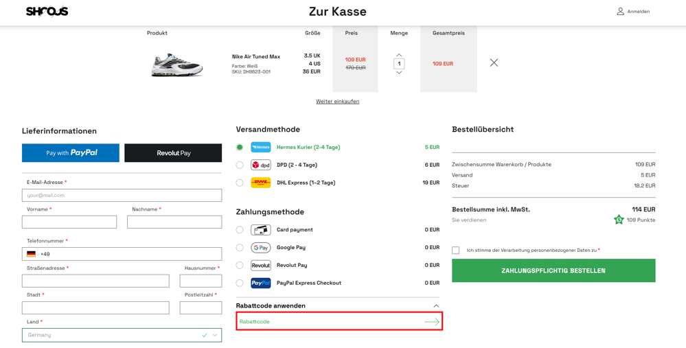Check-out von SHOOOS mit einem rotmarkierten Eingabefeld für Rabattcodes