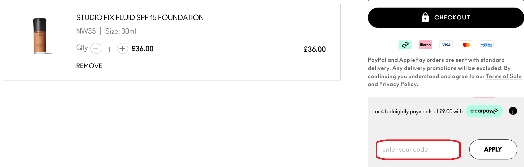 image showing the discount code box, bordered in red