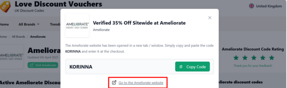 Ameliorate Love Discount Vouchers page where an offer is selected