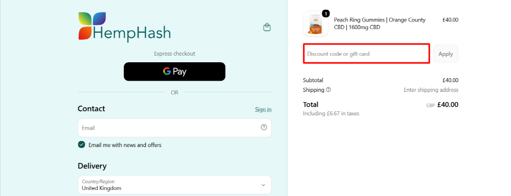 Applying a Hemphash promo code in theshopping car to save money.