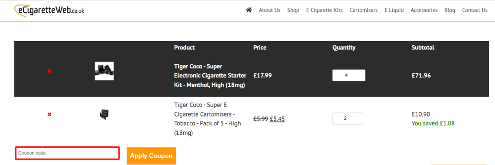 Applying an Ecigarette Web discount code at checkout to save on your order.