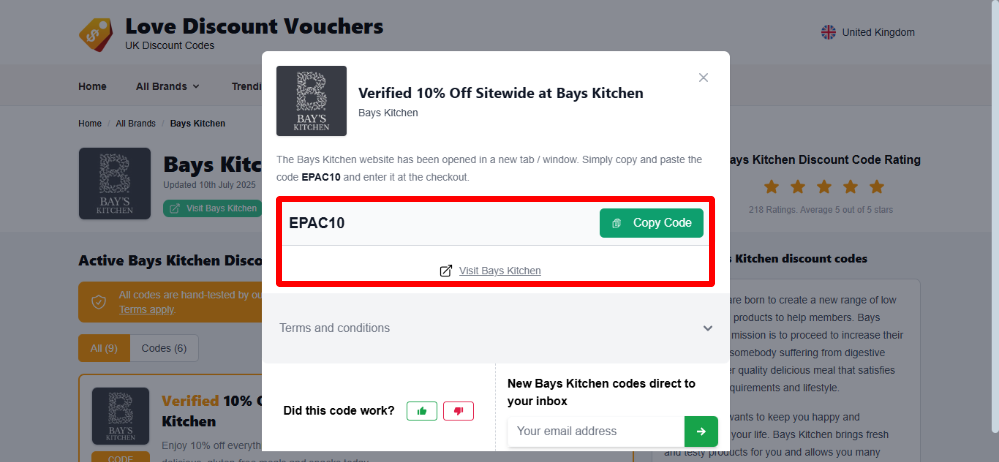 Love Discount Vouchers Bays Kitchen voucher code that is highlighted by a red box