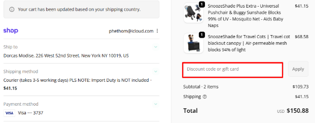 A red box is where you enter a SnoozeShade promo code