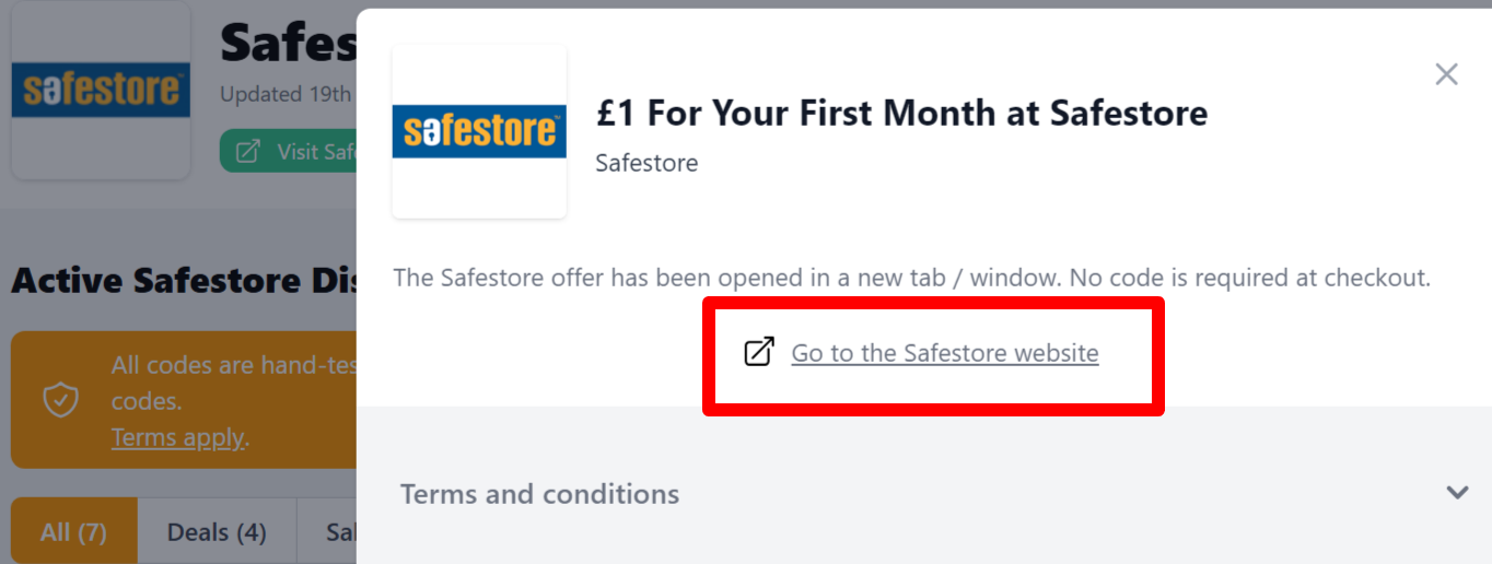 a link that customers can click after copying their Safestore voucher code