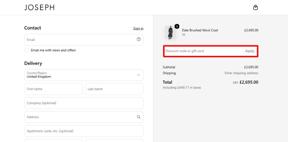 The Joseph discount code box highlighted with a red box on their checkout page