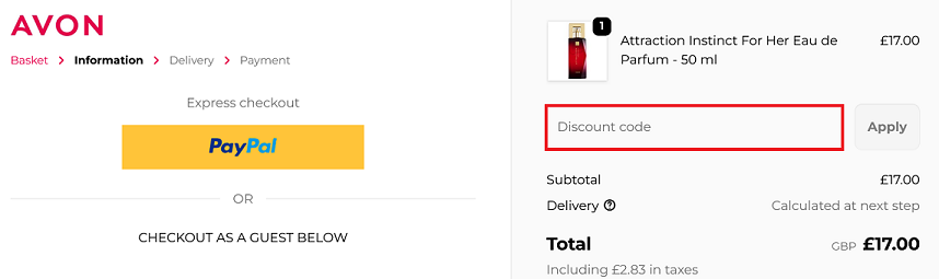 image showing the Avon checkout page