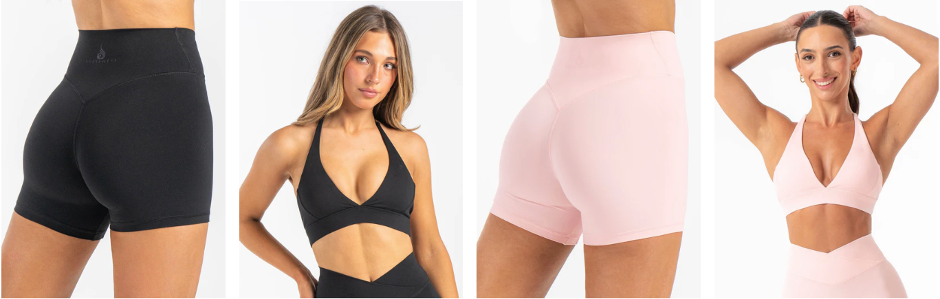 A collage of pictures showing leadies dressed in Ryderwear gym shorts and sports bras