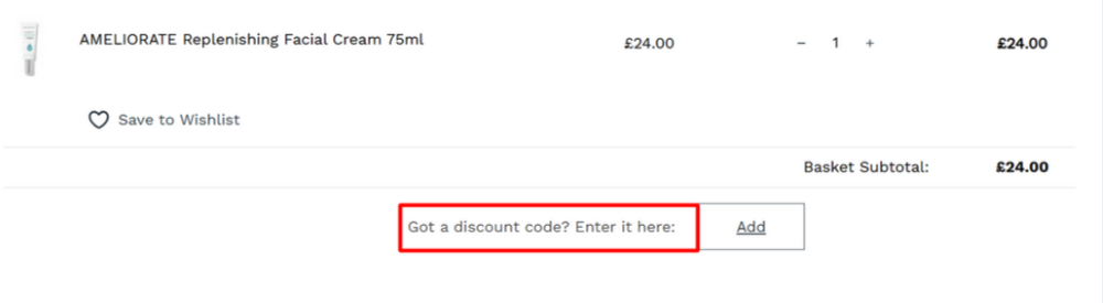 The checkout page showing where to apply your Ameliorate discount