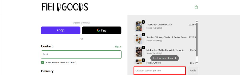 The checkout page showing the FieldGoods promo code box for frozen meal savings