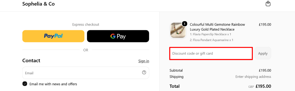 The checkout page showing where to apply your Harfi discount code