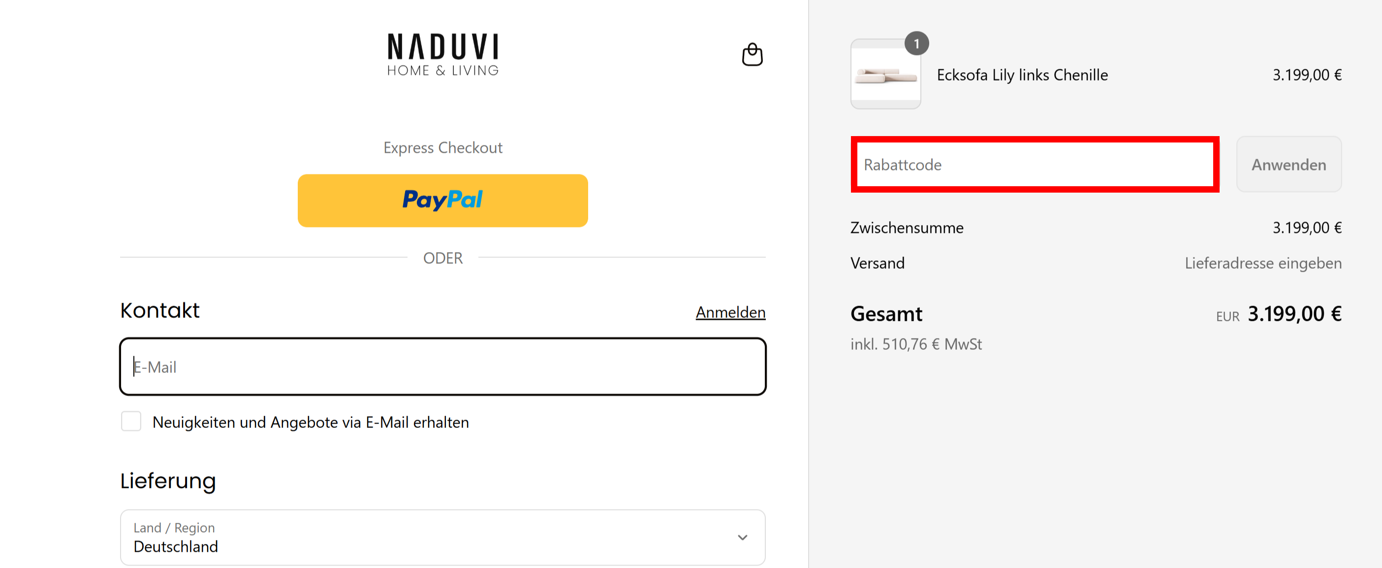 Bestellverlauf von NADUVI mit einem rotmarkiertem Eingabfeld für den Rabattcode