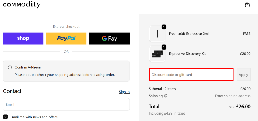 The Commodity checkout page with where to paste the Commodity voucher code in a red box