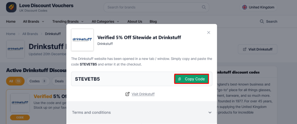 Drinkstuff page on Love Discount Vouchers where a code is copied