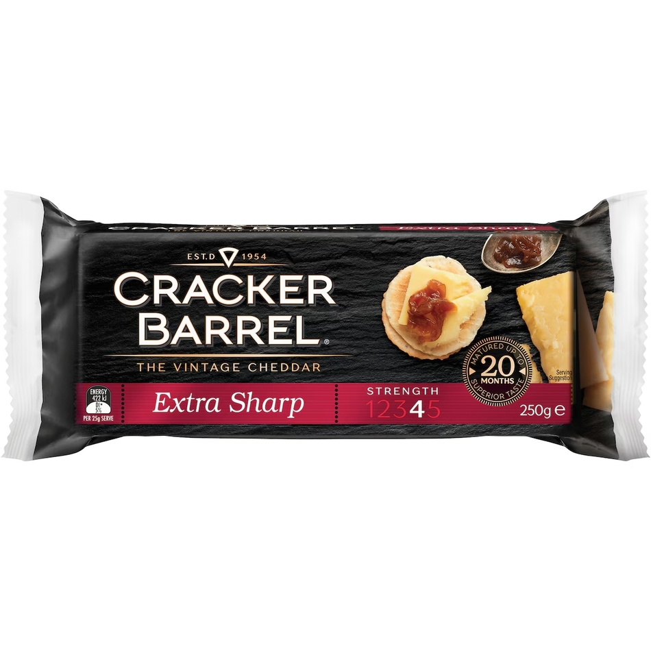 A block of Cracker Barrel cheese on a white background