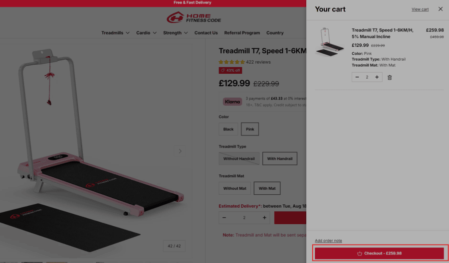 Home Fitness Code treadmill can be seen and a box around the checkout button